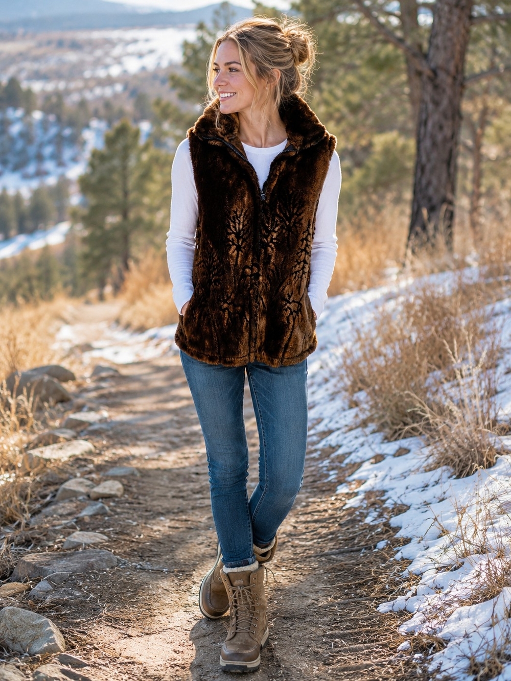 Vintage Black Mountain Outdoor Faux Fur Vest Brown Deer Tree Forest Print Small